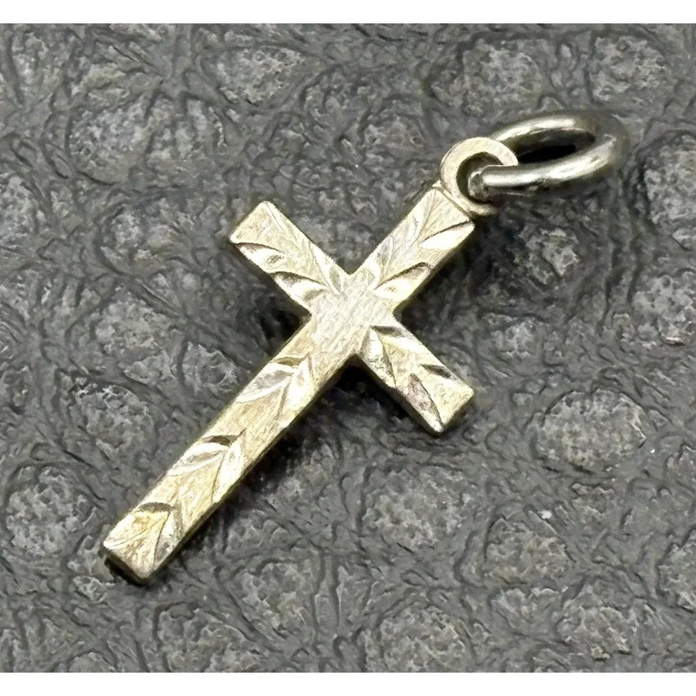 Dainty Sterling Silver Cross Etched Vintage Religious Small Charm Or Pendant